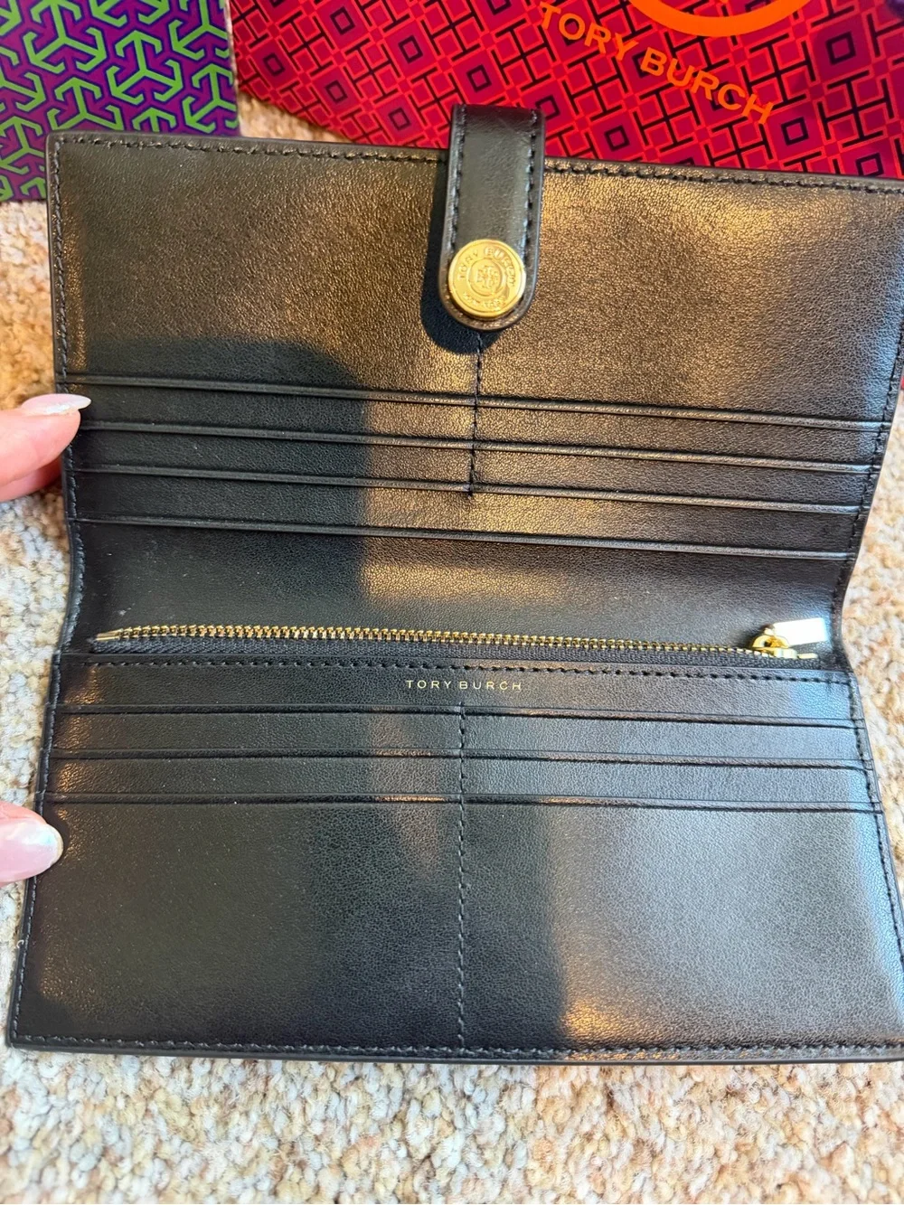 Tory Burch Black Embossed Logo Continental Wallet with Gold Snap